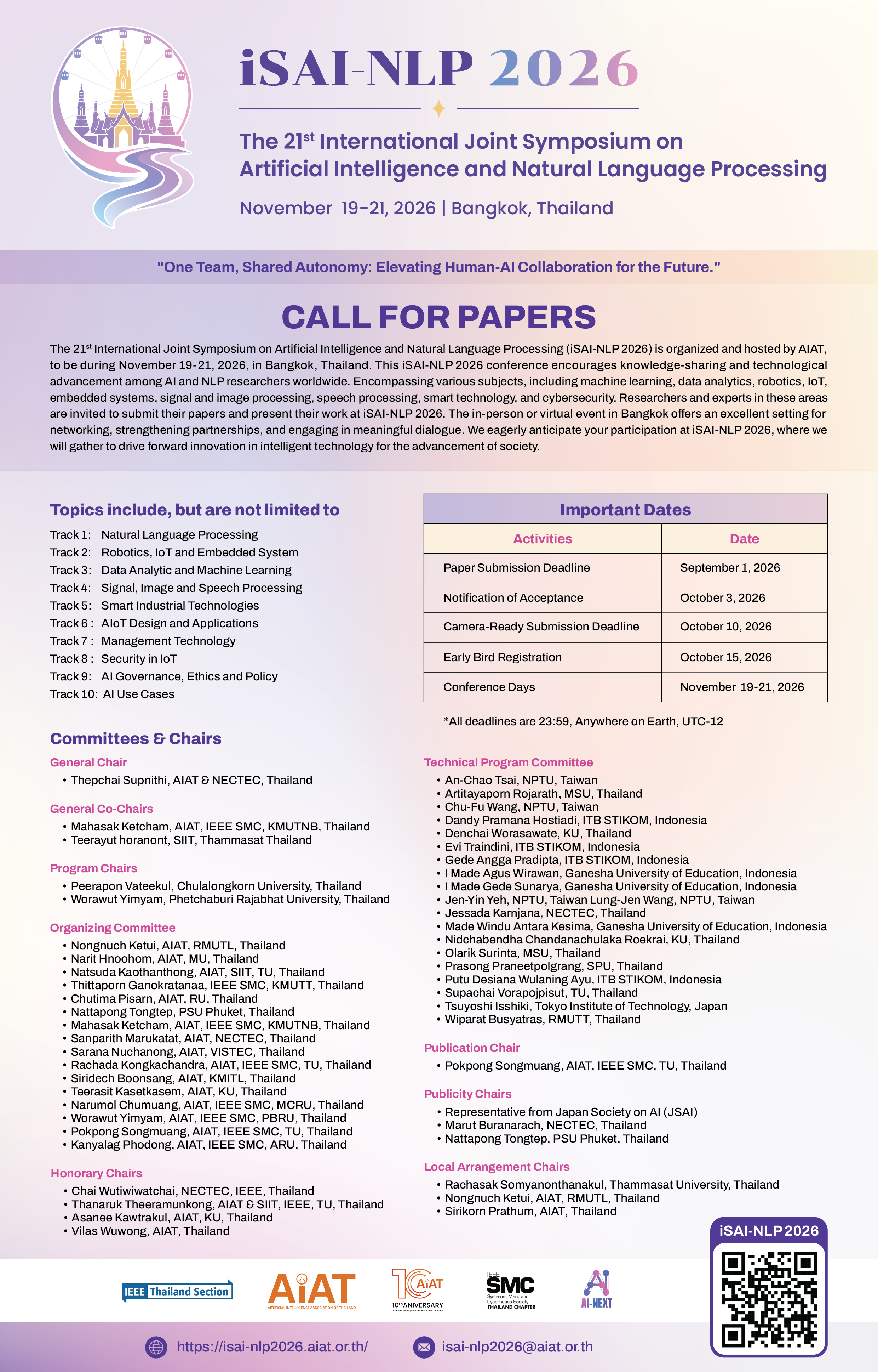 iSAI-NLP 2026 Call for Papers poster — The 21st International Joint Symposium on Artificial Intelligence and Natural Language Processing, conference November 19–21, 2026, Bangkok, Thailand. See the Important Dates table above for current deadlines
