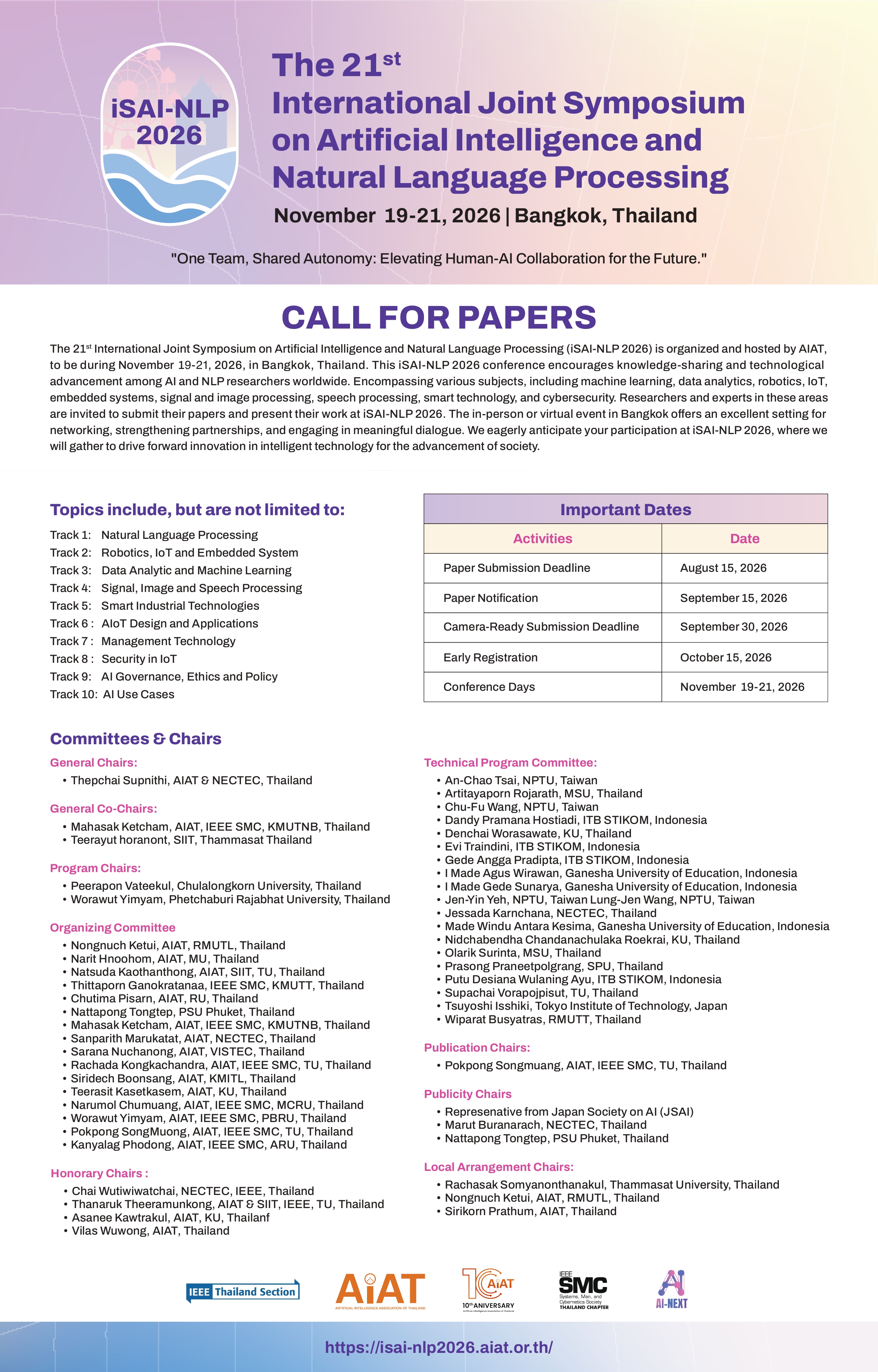 iSAI-NLP 2026 Call for Papers Poster — The 21st International Joint Symposium on Artificial Intelligence and Natural Language Processing, November 19-21, 2026, Bangkok, Thailand