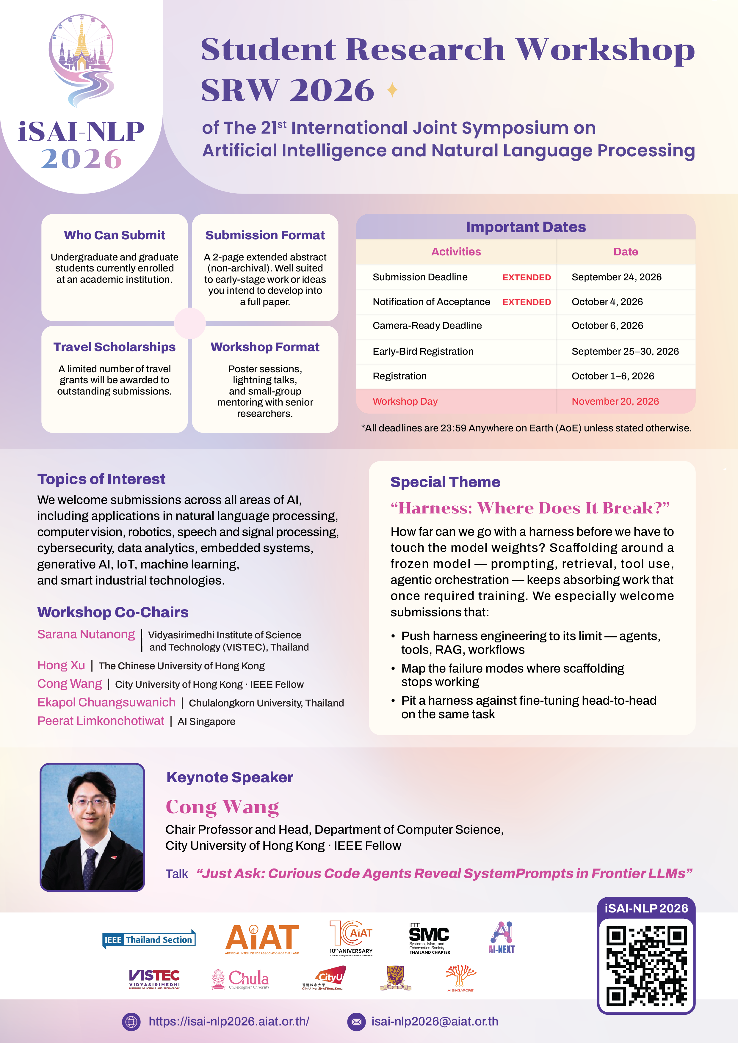 iSAI-NLP 2026 Student Research Workshop call for submissions poster — workshop day November 20, 2026, Bangkok, Thailand. Special theme: Harness: Where Does It Break?